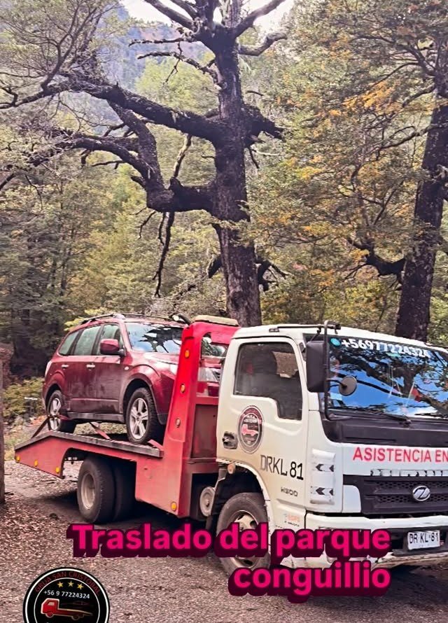 Grúa San Cristóbal trasladando un vehículo desde el Parque Nacional Conguillío